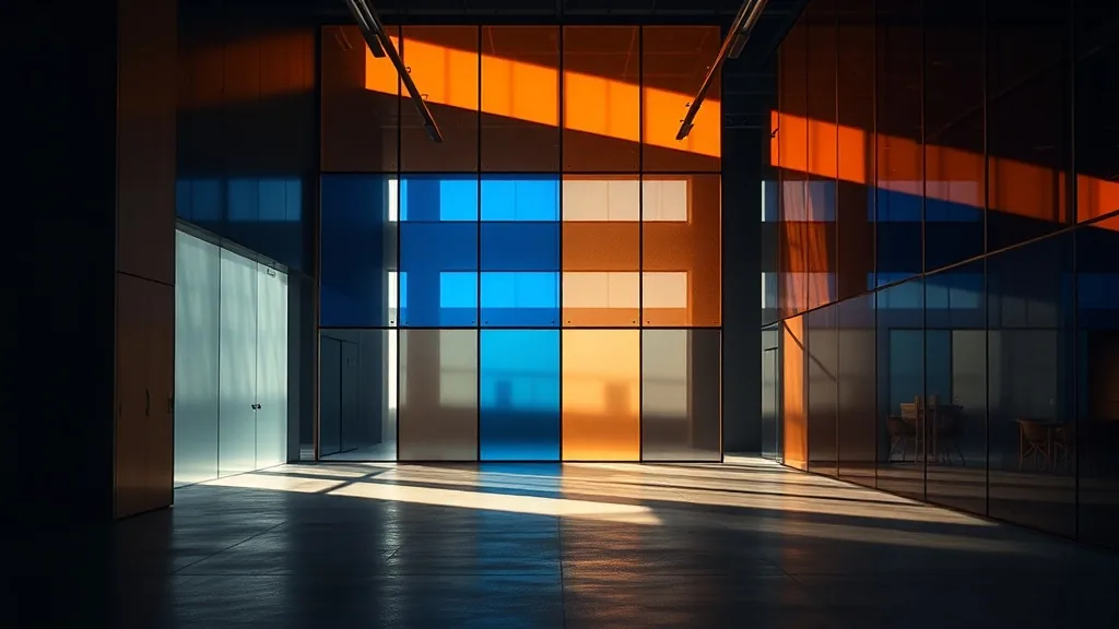 Architectural interior with translucent orange and blue acrylic panel wall - representing the world of acrylic and architecture