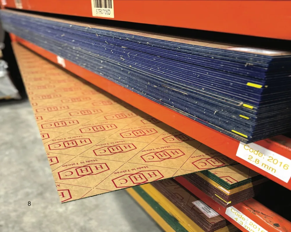 HHC-branded acrylic sheets on warehouse shelving - Code 2016, 2.8mm thickness - stocked at Fidar System Inc.