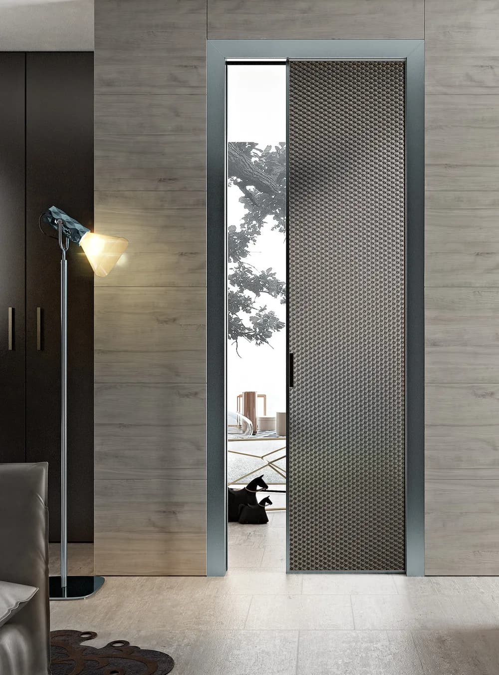 Fos 45 pocket sliding door with a textured panel opening onto a green planted wall