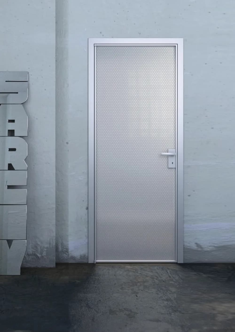 Fos 45 swing door with a satin white panel and a visible pivot hinge in a white hallway