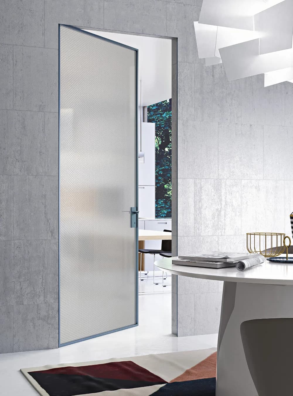 Fos 90 flush to wall swing door, the panel glowing with light behind it
