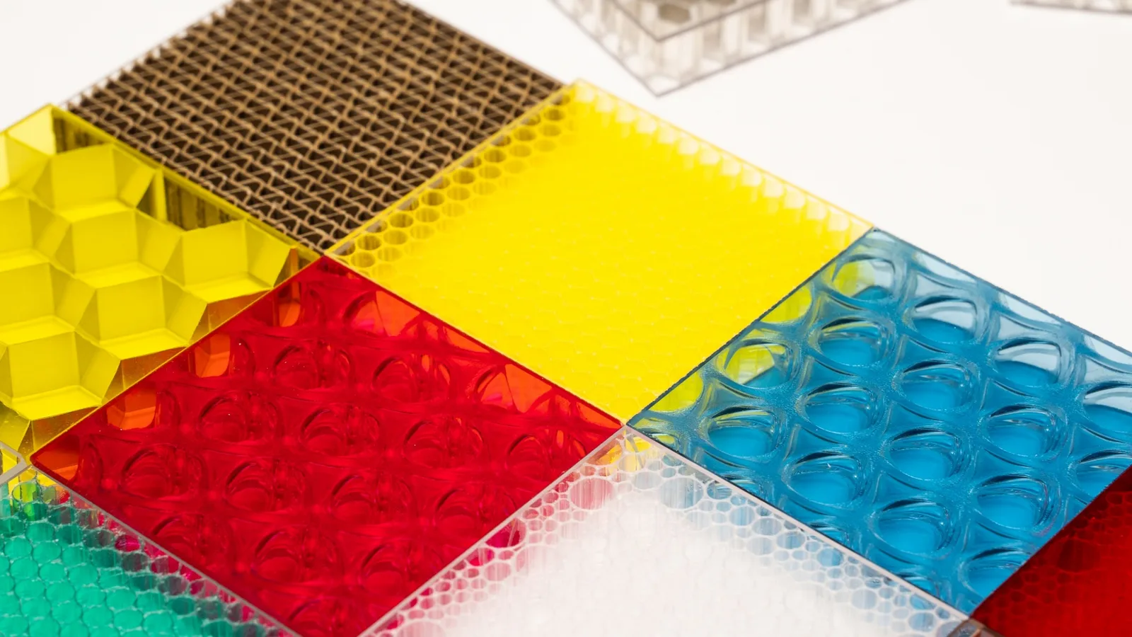 Stack of Bencore composite panel samples in yellow, red, blue, pink and natural cardboard, in daylight