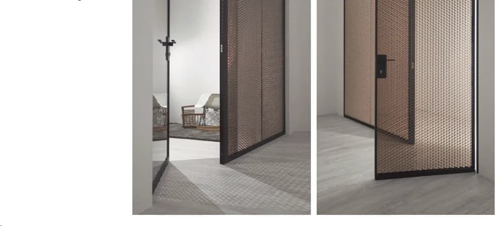 Meli four panel sliding door with bubble patterned panels, a grey 90 degree frame and a built in rail, two floor lamps beside it