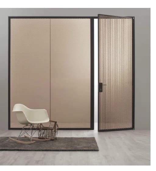 Meli sliding door with a green satin Bencore panel in a dark green aluminium frame