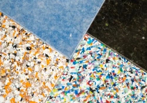 WasBottle panel samples made from fused flakes of recycled plastic bottles in mixed colours