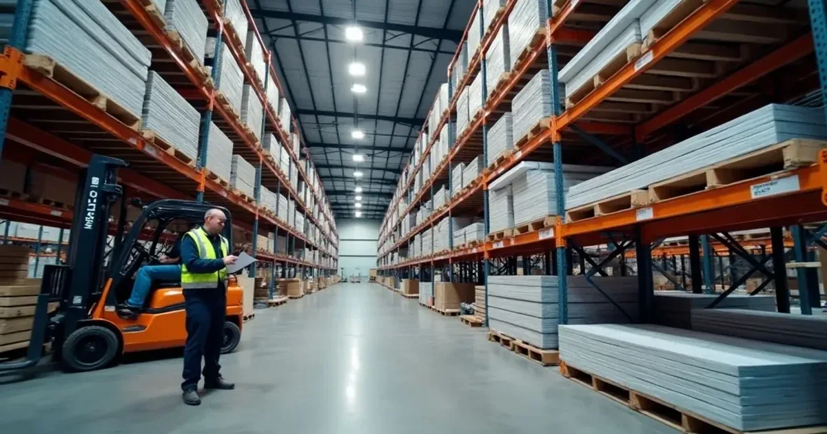 Canadian warehouse aisle with steel racks stacked full of flat 4x8 ACM aluminum composite panels while a worker checks an order