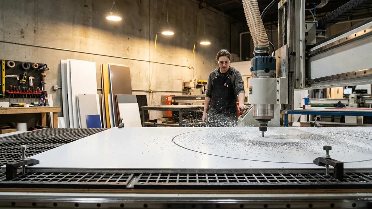 Sign shop fabricator running a CNC router across a large white ACM aluminum composite panel, cutting a clean contour with aluminum swarf spraying off the bit