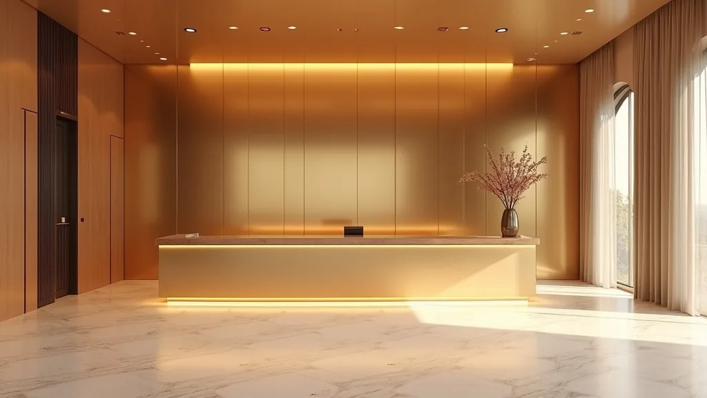 Gold and rose gold mirror acrylic panels installed as a reflective feature wall behind a luxury hotel reception desk in Canada