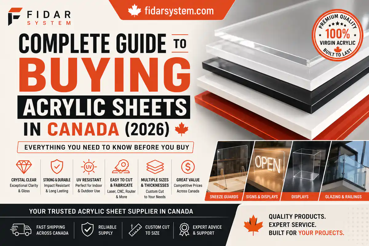 Complete guide to buying acrylic sheets in Canada 2026 by FIDAR System, showing stacked clear, black, white and red acrylic sheets