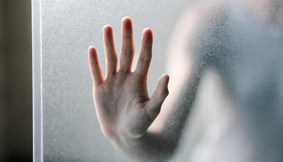 A hand pressed flat against the back of a frosted acrylic privacy panel stays sharp and readable while the arm and body just behind it dissolve into a soft shape