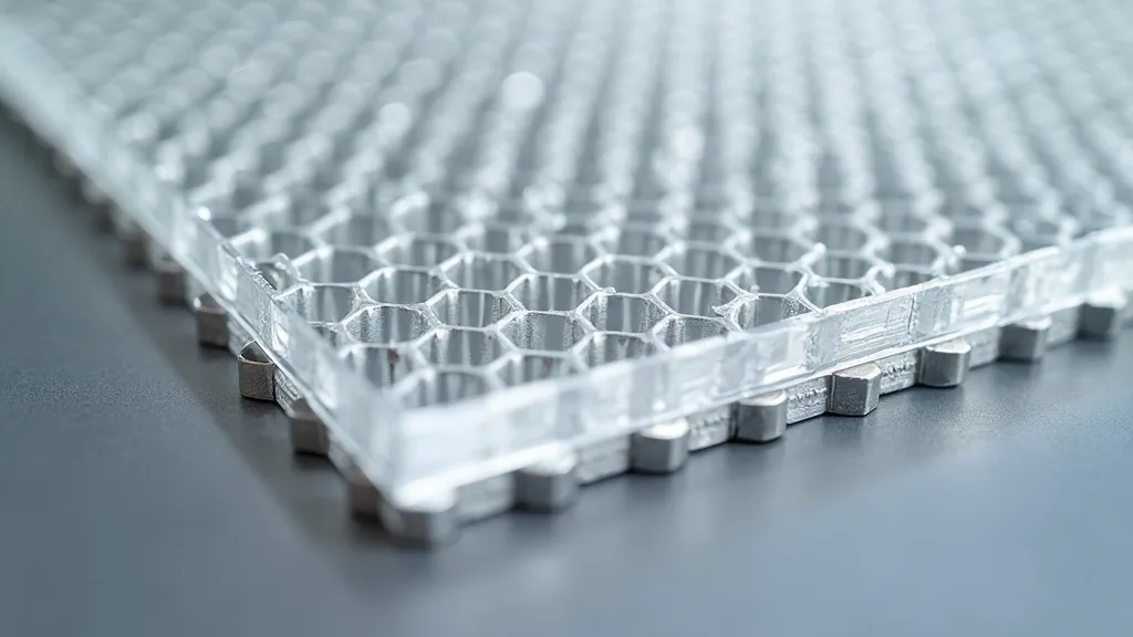 Close view through the clear acrylic face sheet of a honeycomb composite panel showing the regular grid of silver hexagonal aluminium core cells beneath