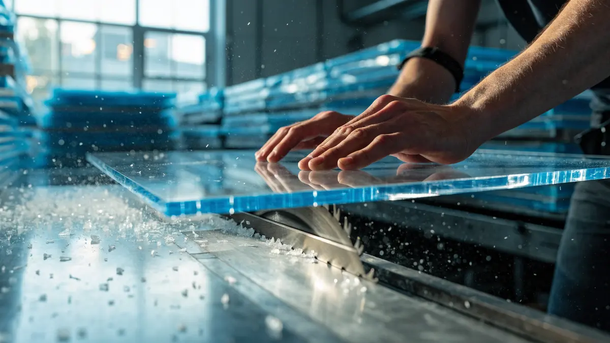 Fabricator guiding a clear acrylic sheet with blue masking film through a table saw fitted with a fine-tooth carbide blade in a Canadian workshop