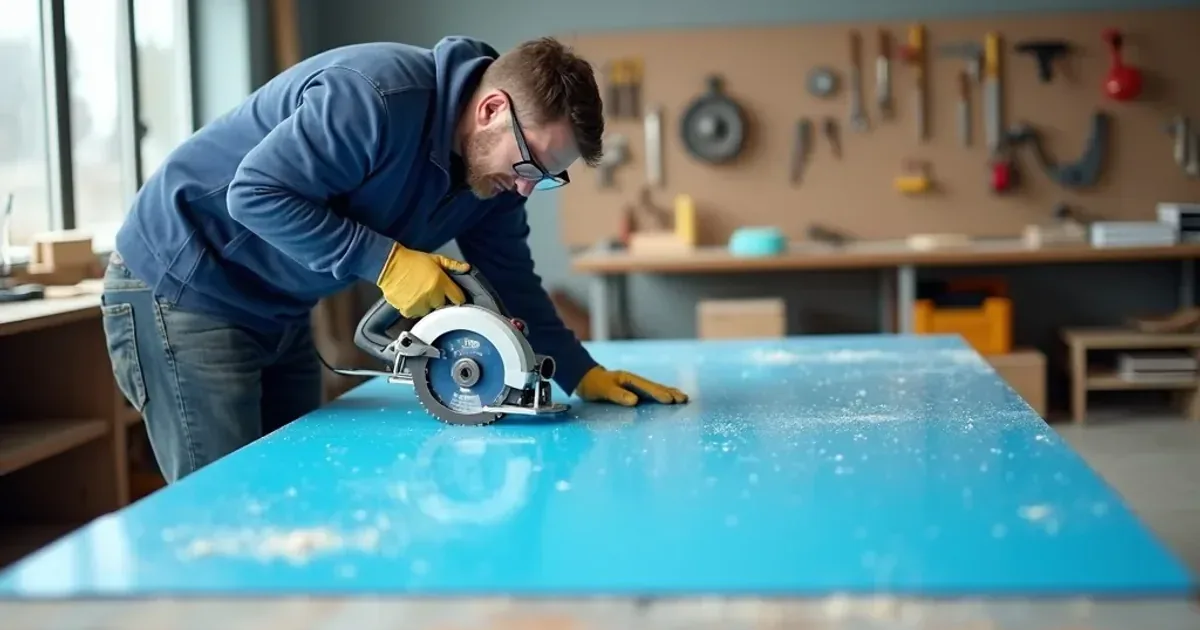 Tradesperson guiding a circular saw through a clear polycarbonate sheet with blue masking film on a Canadian workshop bench