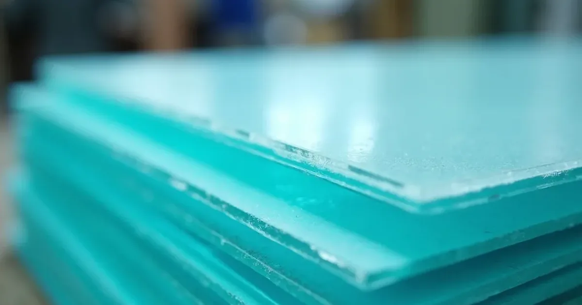 Close-up of stacked clear Lexan polycarbonate sheets with protective masking film showing the thick transparent sheet edges
