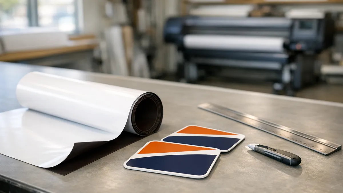 A roll of white flexible magnetic sheet partly unrolled on a sign shop cutting table beside two cut door signs with rounded corners, a steel straightedge and a utility knife