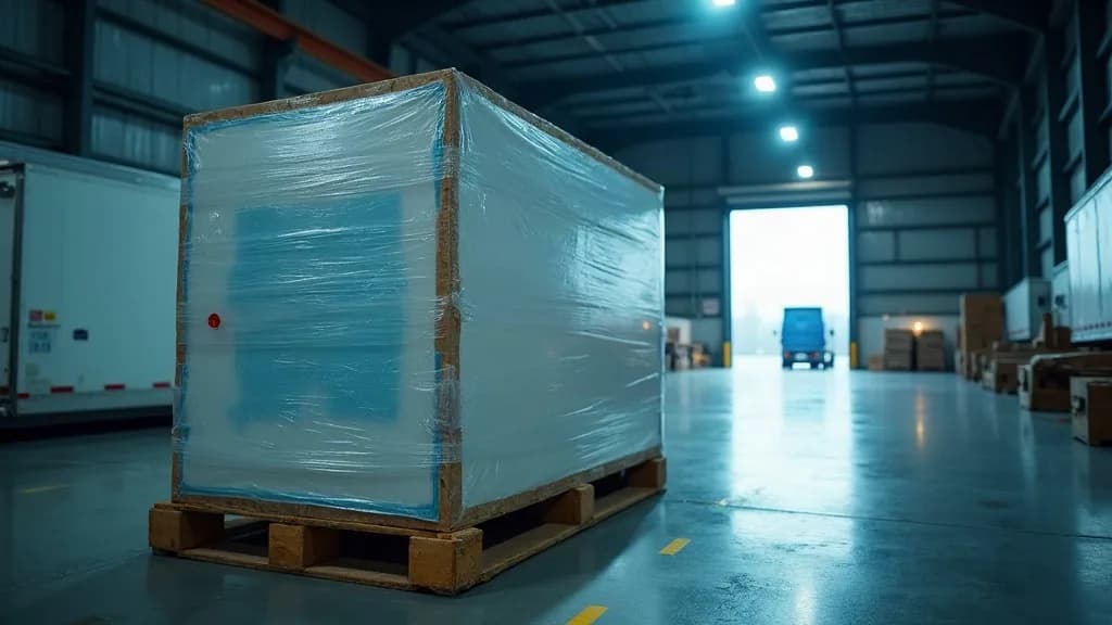 A shrink wrapped pallet of large acrylic sheets banded with corner boards standing in a warehouse loading bay at dawn with a long haul trailer backed in beyond the open door