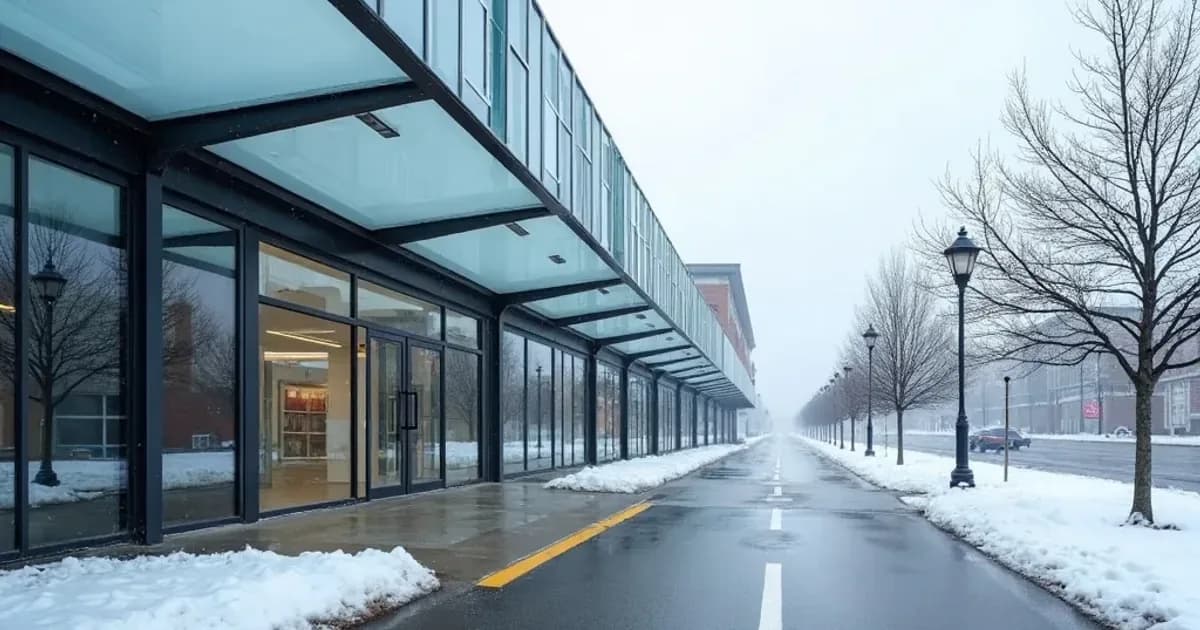 Clear solid polycarbonate roof glazing panels on a steel-framed covered walkway outside a Canadian commercial building in winter