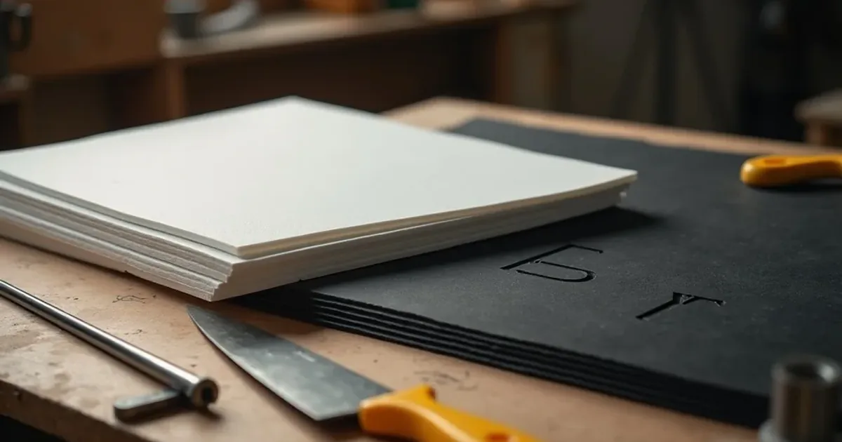 White and black PVC foam board sheets fanned across a plastics warehouse workbench with a routed sample and cutting tools