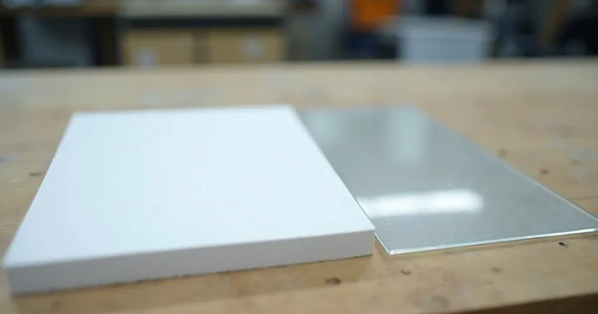 A matte white PVC foam board panel beside a glossy clear acrylic sheet on a sign shop workbench for material comparison