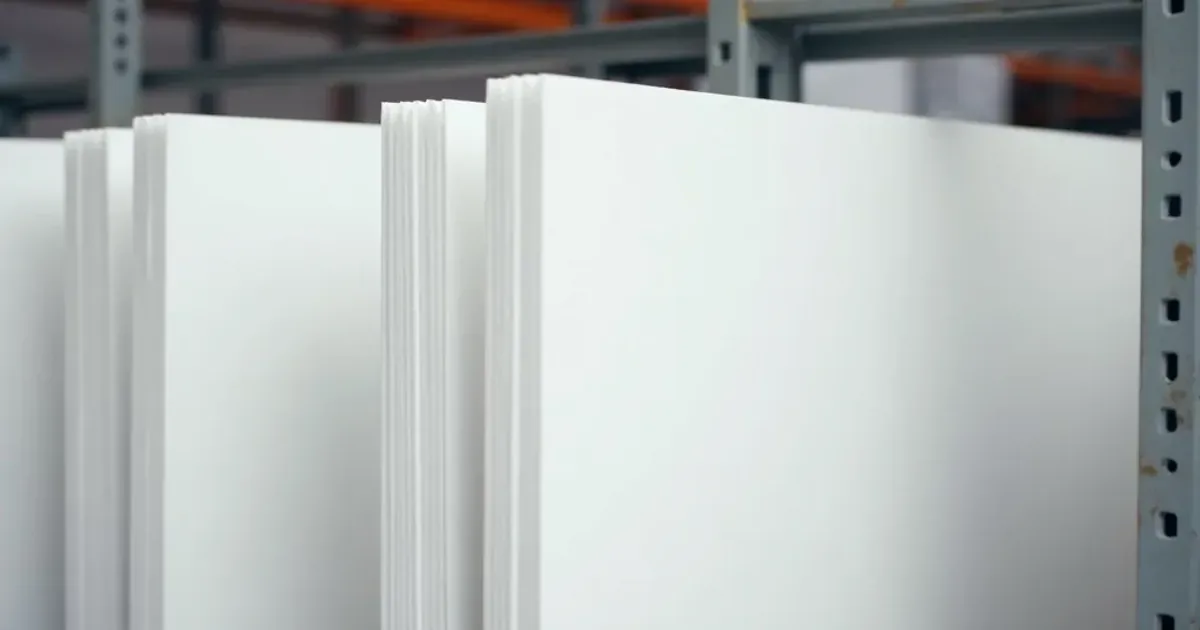 Stack of white expanded PVC foam board sheets stored in an industrial warehouse rack showing the clean matte sheet edges