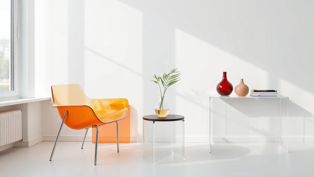 Contemporary acrylic furniture - clear PMMA chairs, side tables and shelving in a modern Canadian interior