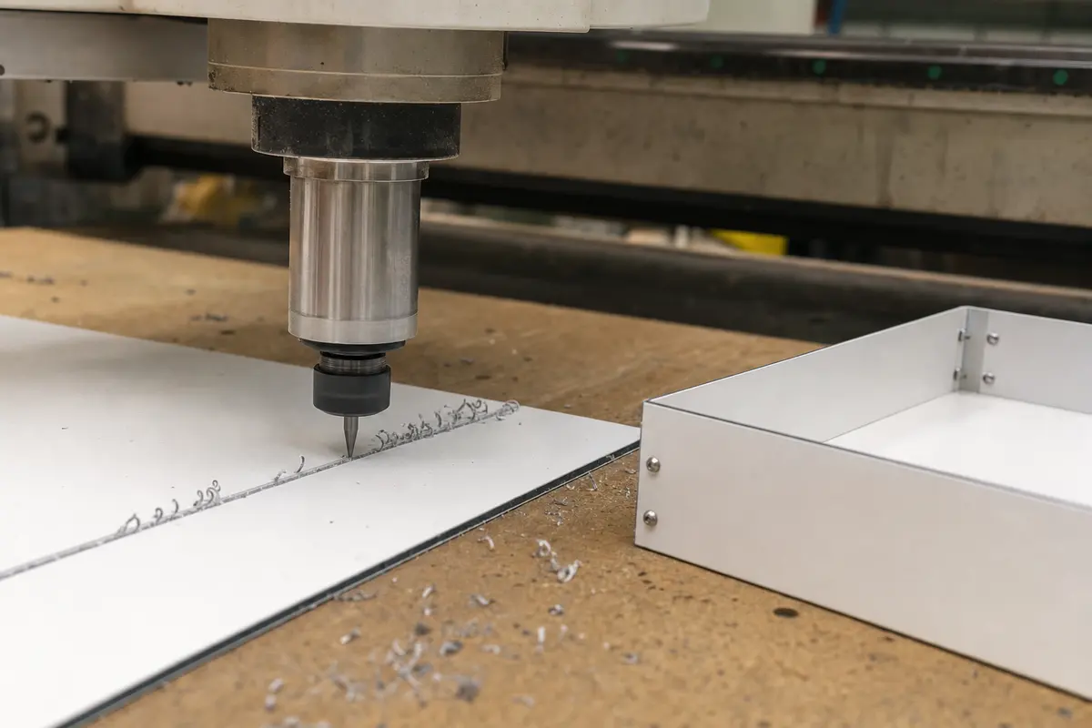 CNC router cutting a V-groove into the back of a white aluminum composite panel, beside a panel already folded into a cassette tray