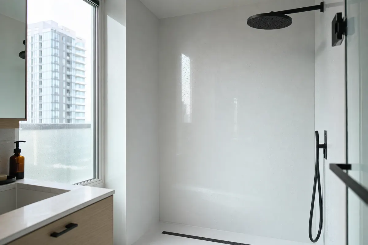 Walk-in shower lined with large high gloss white acrylic wall panels, with a black rain shower head and a linear floor drain