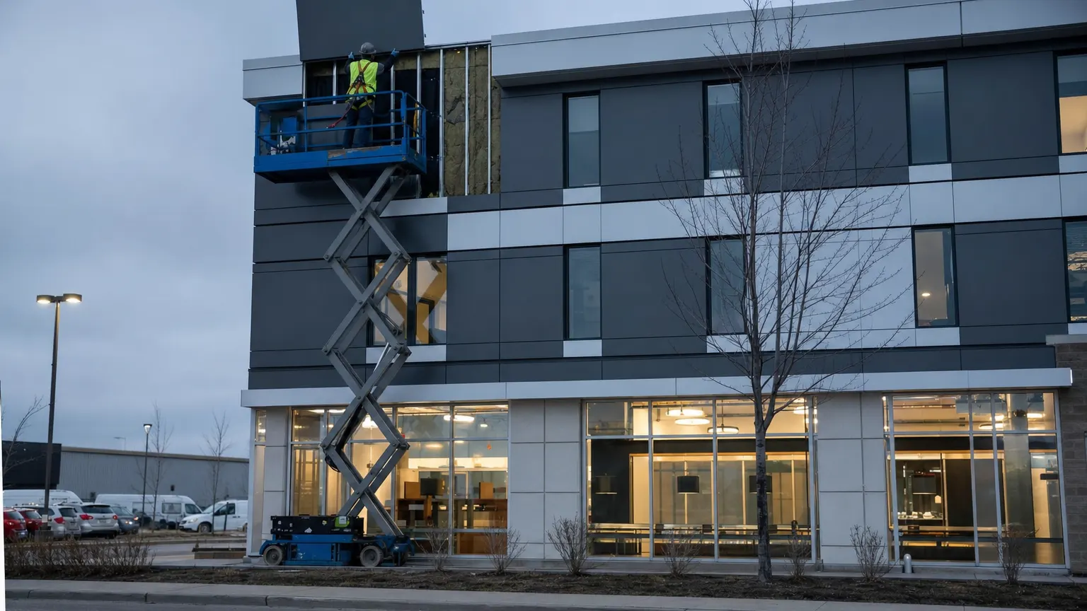 Installer on a scissor lift raising an aluminum composite panel onto a three storey commercial building at dusk, with the rails and insulation showing where panels are still to go
