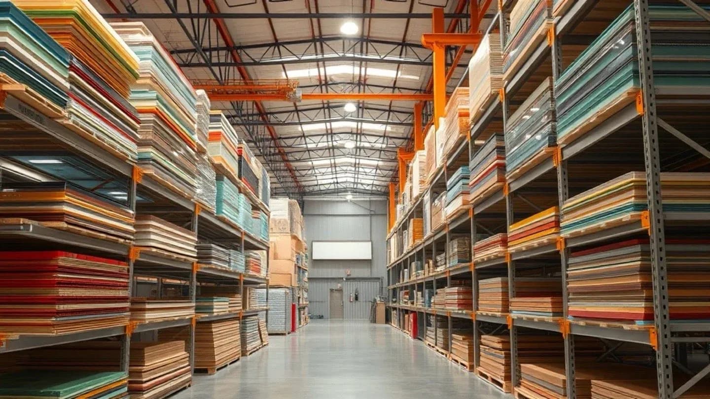 Fidar System Inc. warehouse - rows of acrylic and plastic sheets on industrial shelving in North York, Toronto