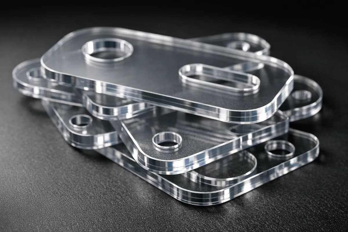 Laser cut clear acrylic parts with rounded corners and holes, edges glossy straight off the laser