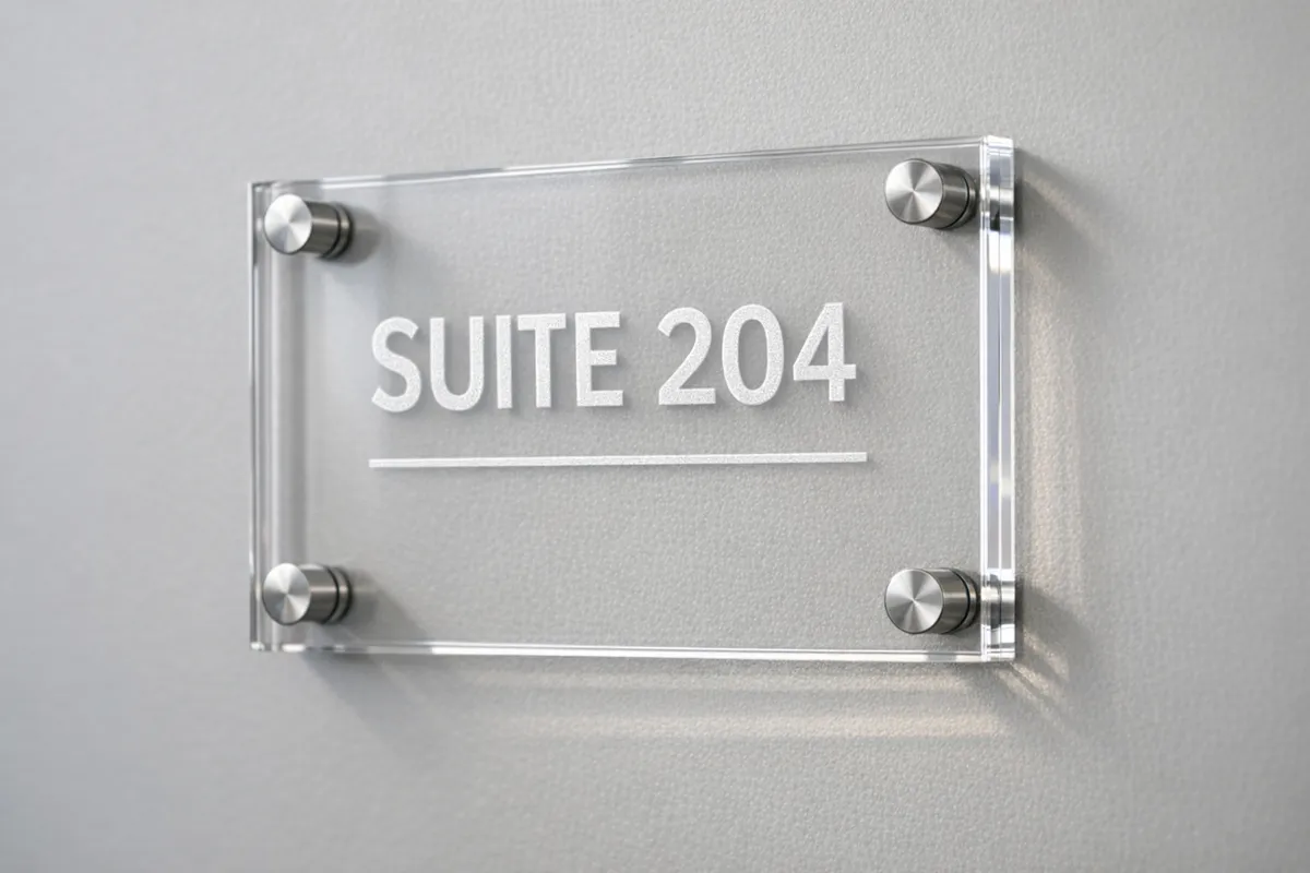 Clear acrylic wall plaque with SUITE 204 laser engraved as frosted white lettering