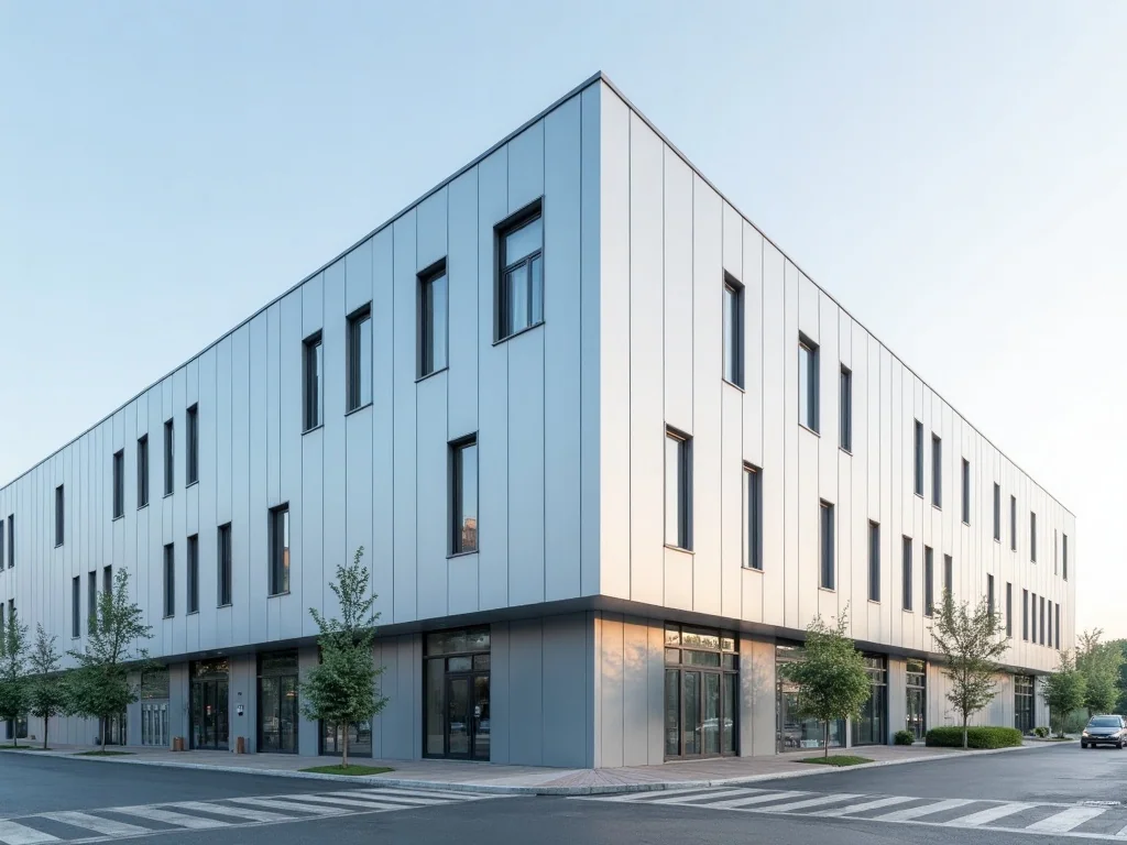Three storey commercial building clad in white and grey aluminum composite panels with clean vertical joints