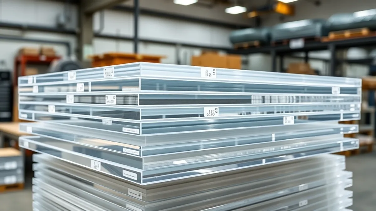 Clear cast acrylic sheets stacked in a sign fabrication workshop