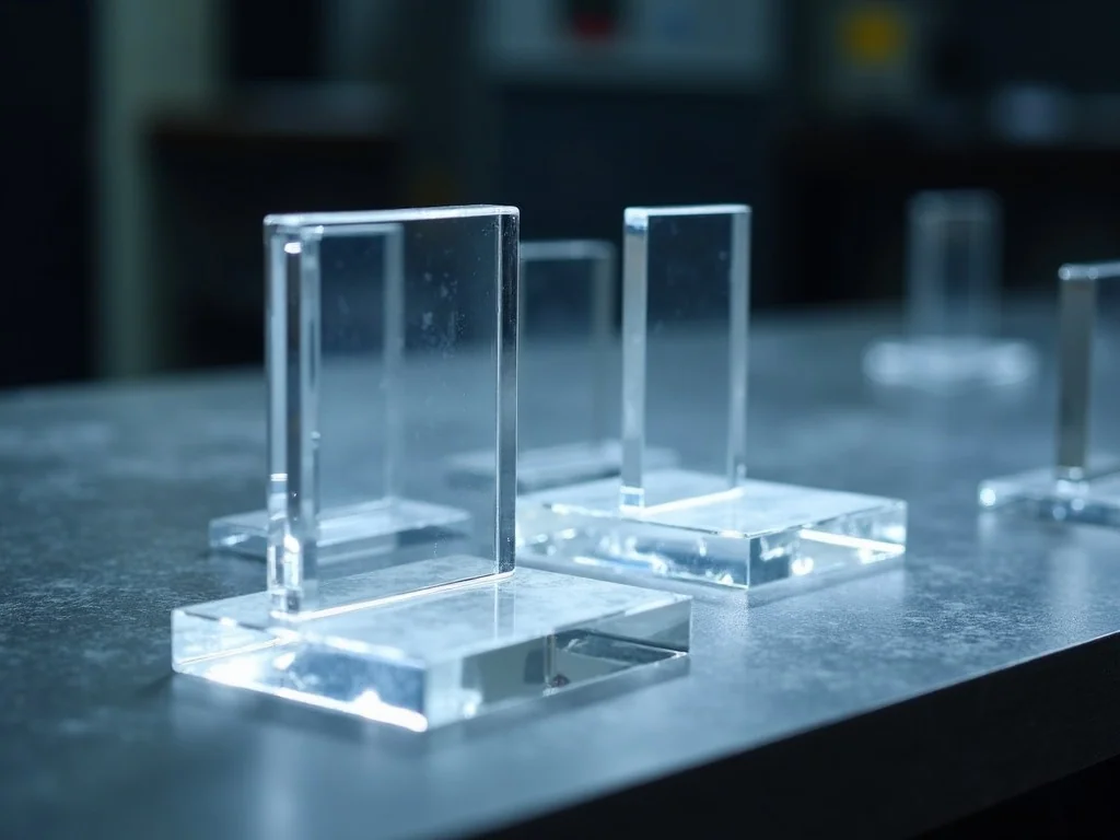 Clear cast acrylic award and display blanks on a counter