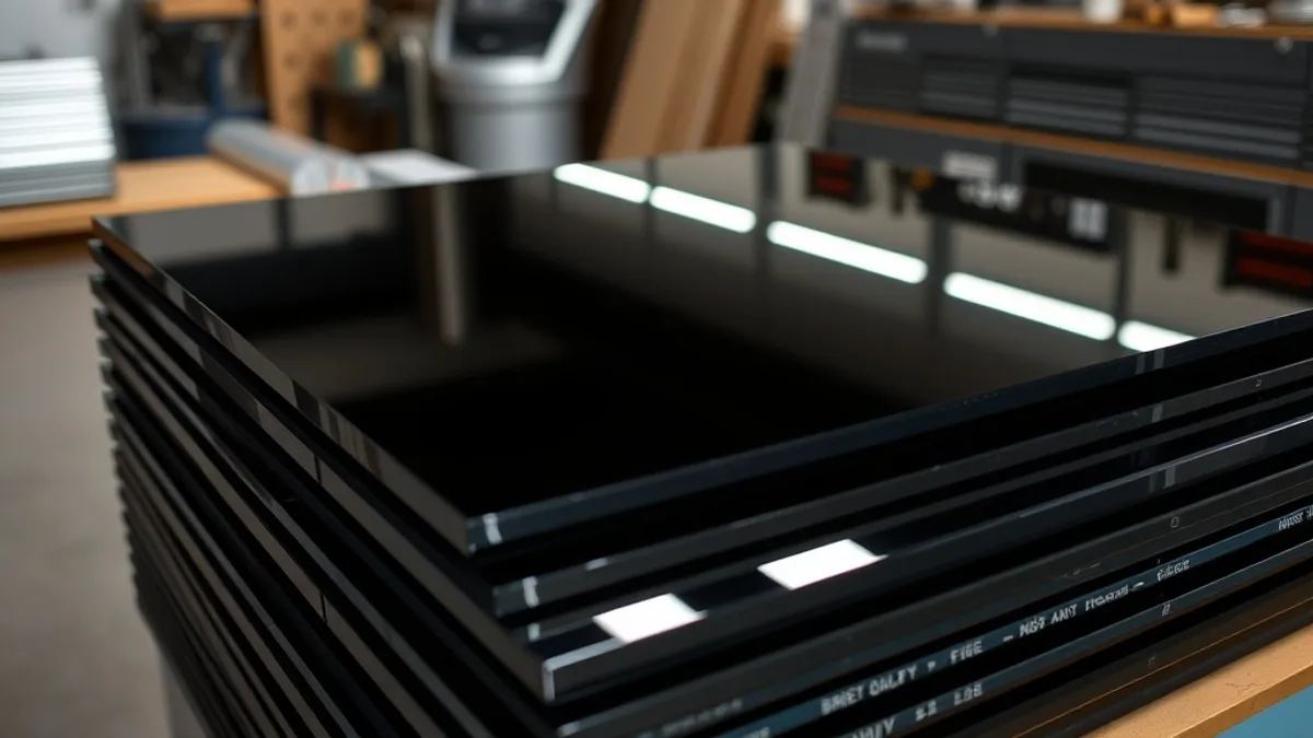Polished black acrylic sheets in a sign fabrication workshop