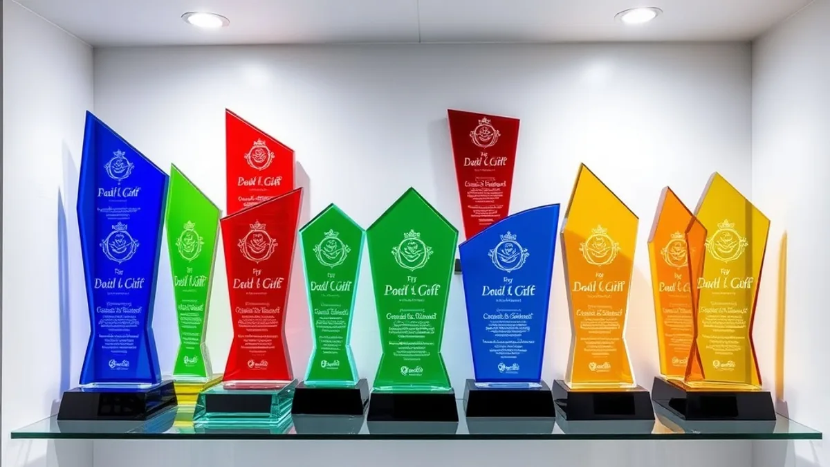 Coloured acrylic award plaques and trophies on a display shelf