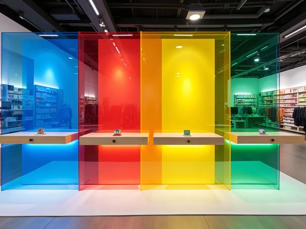 Vibrant coloured acrylic display fixtures and panels in a modern Canadian retail store