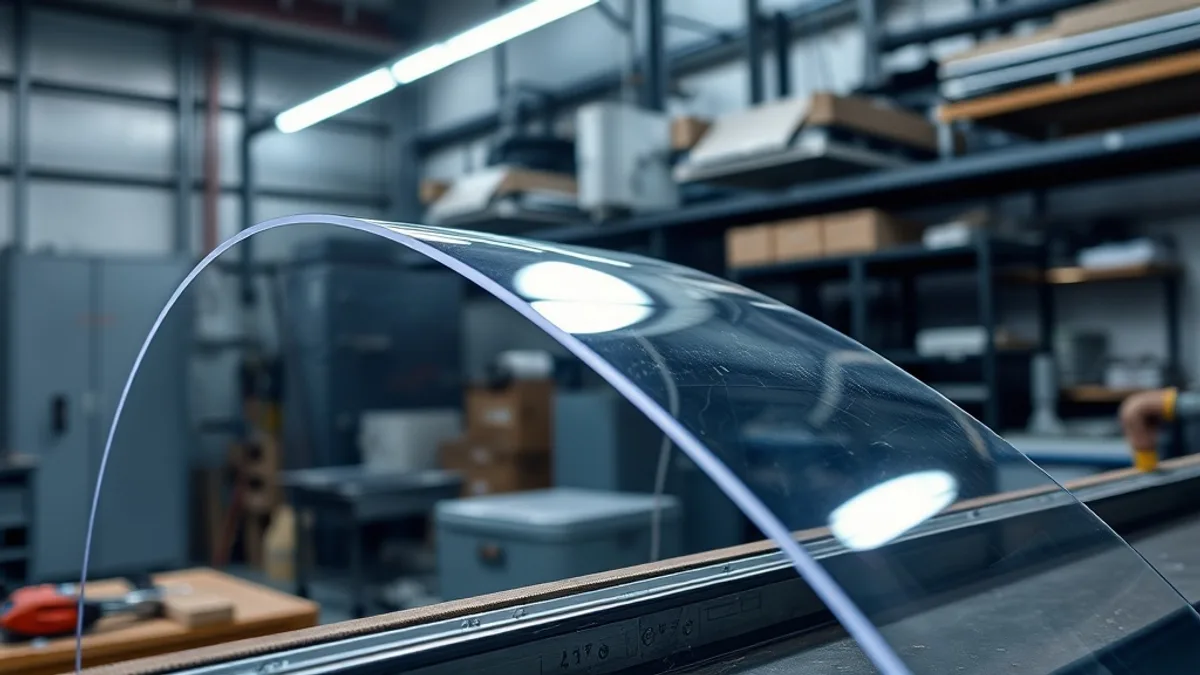 Extruded acrylic sheet being bent on a strip heater in a fabrication workshop