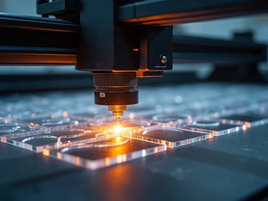 Laser cutting clear acrylic parts, the beam cutting a nested sheet