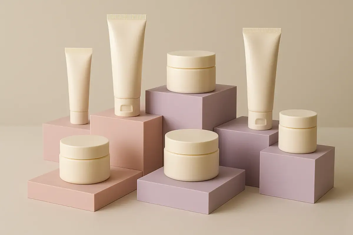 Blush and lilac matte pastel acrylic display risers holding plain cosmetic jars