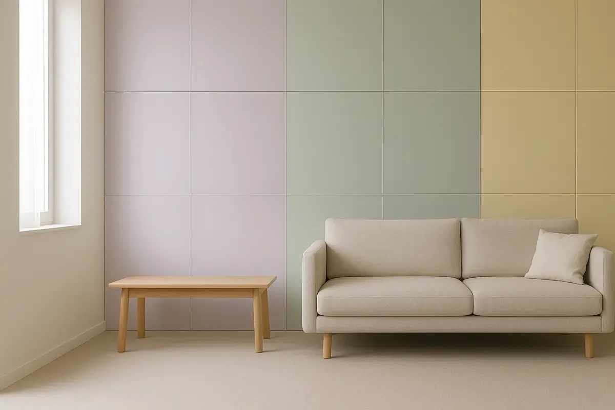 A living room feature wall clad in matte pastel acrylic panels in lilac, sage and pale yellow