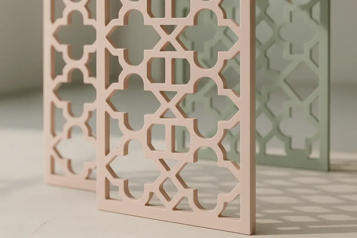 A blush pink laser cut pastel acrylic lattice screen casting patterned shadows