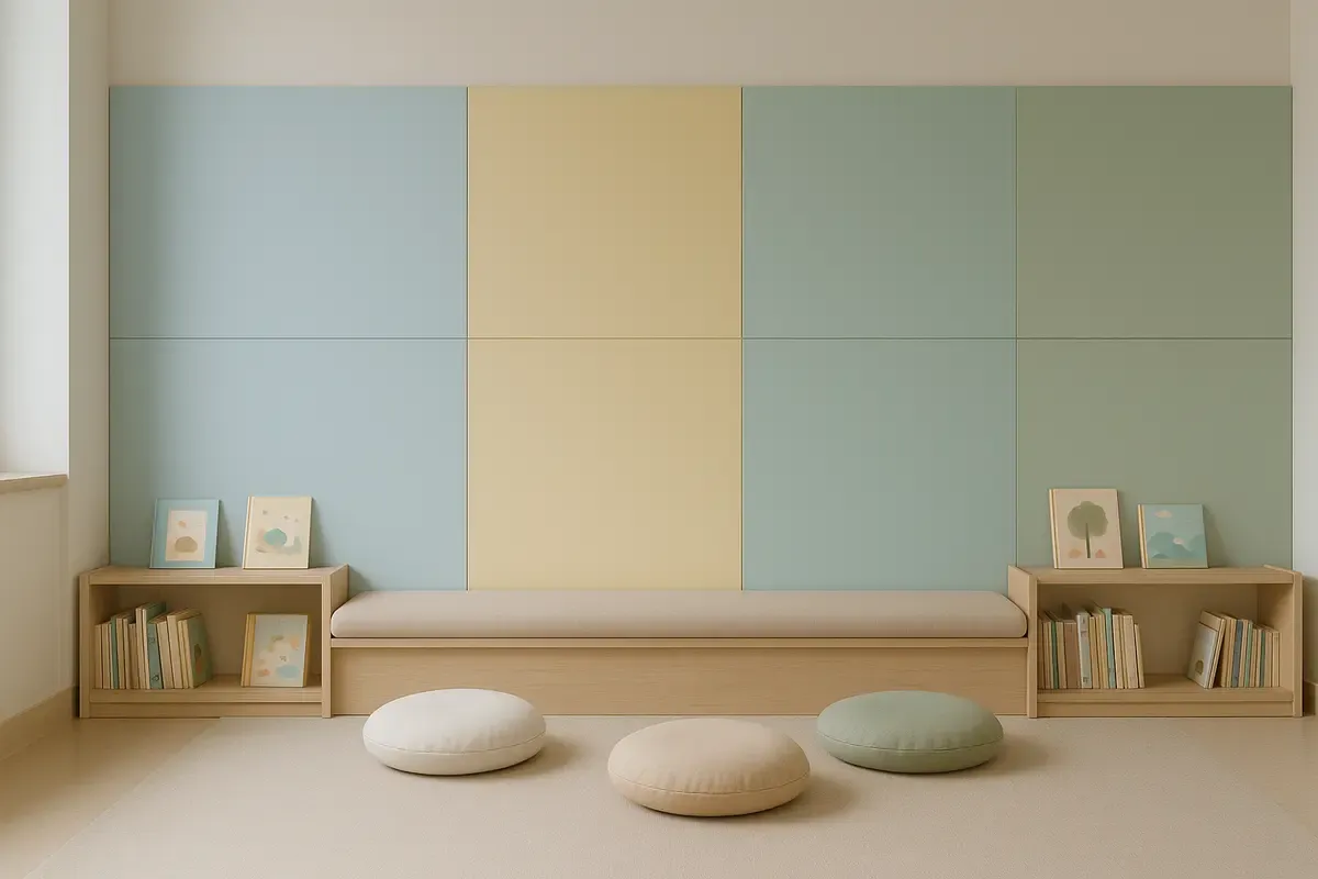 A reading corner with a wall of matte pastel acrylic panels in soft blue, butter yellow and sage green