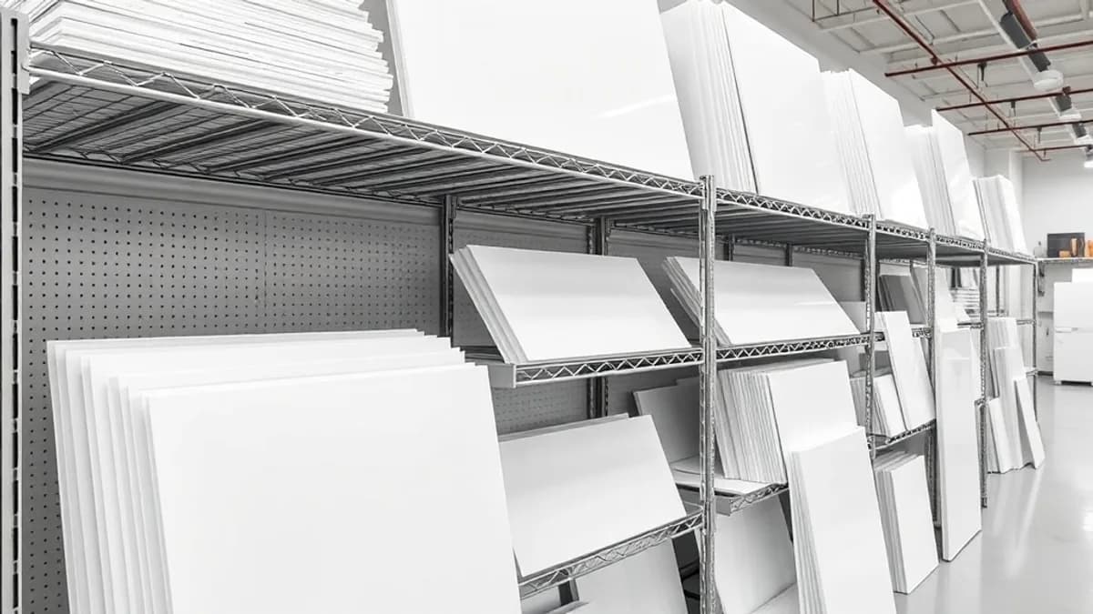 White cast acrylic sheets on shelving in a commercial sign shop