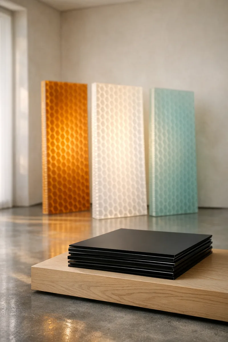Illustration: three translucent honeycomb panels in amber, white and pale teal standing in a quiet gallery, with a stack of black acrylic sheets on an oak plinth