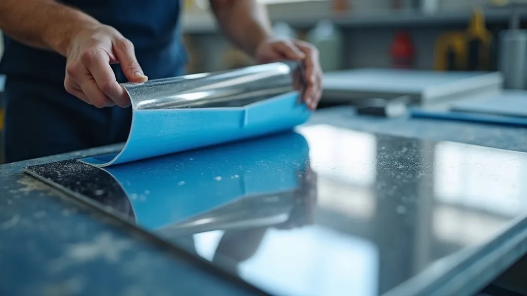 Fabricator peeling blue protective masking film from a silver acrylic mirror sheet on a workshop bench