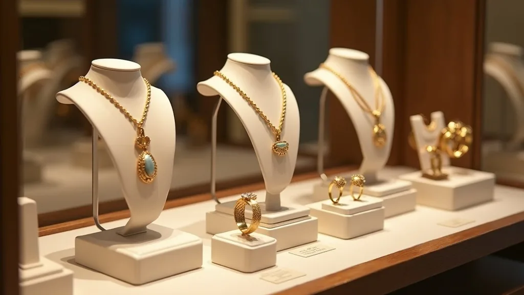 Silver mirror acrylic backdrop panel behind a luxury jewellery retail display case with gold necklaces and rings