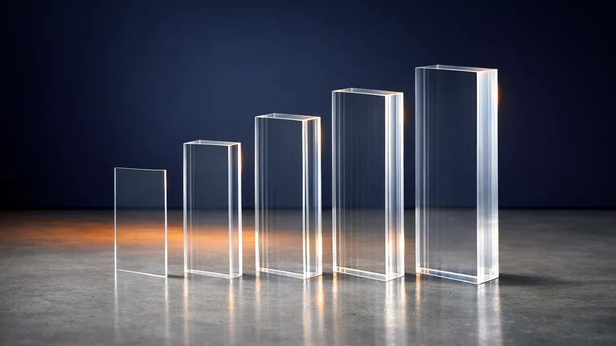 Five clear polycarbonate pieces standing on edge in a row, each thicker and taller than the last, like the bars of a rising chart against a navy wall