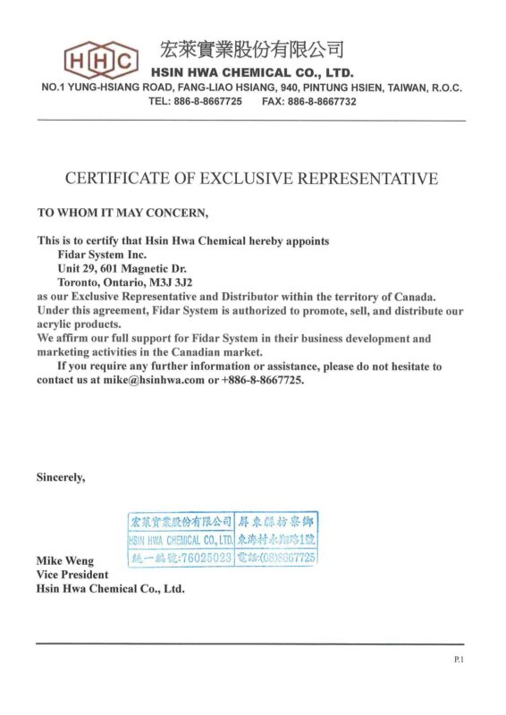 Exclusive distributor certificate for Fidar System issued by Hsin Hwa Chemical Co Ltd